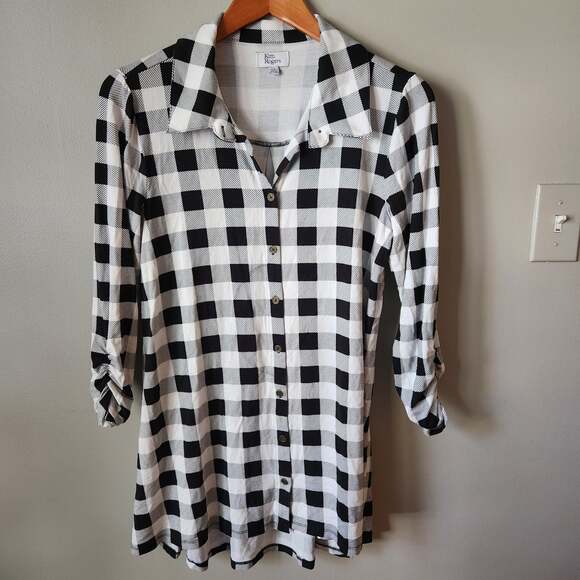 Belk Kim Rogers Collared Checkered Ruched Sleeve Tunic Shirt - Picture 1 of 7